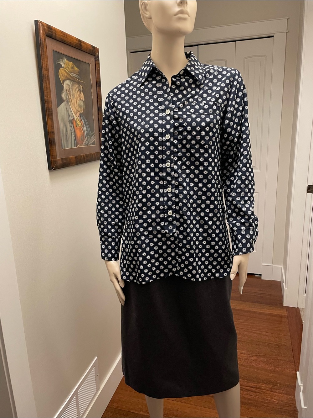 Ellen Tracy Navy and White Button Print Button-Down Shirt